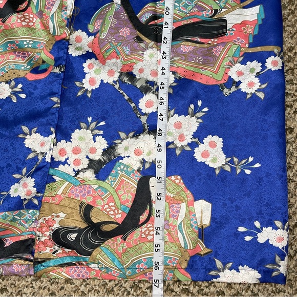 Vintage Juguemm Japanese Geisha & Cherry Blossoms Print Kimono Robe - Blue - Picture 8 of 13